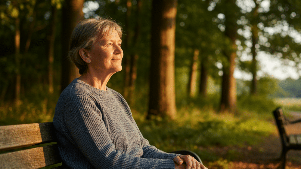 Neuanfang nach Trennung ab 60 – Person sitzt ruhig auf einer Parkbank und blickt optimistisch in die Zukunft"