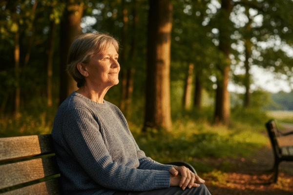 Neuanfang nach Trennung ab 60 – Person sitzt ruhig auf einer Parkbank und blickt optimistisch in die Zukunft"