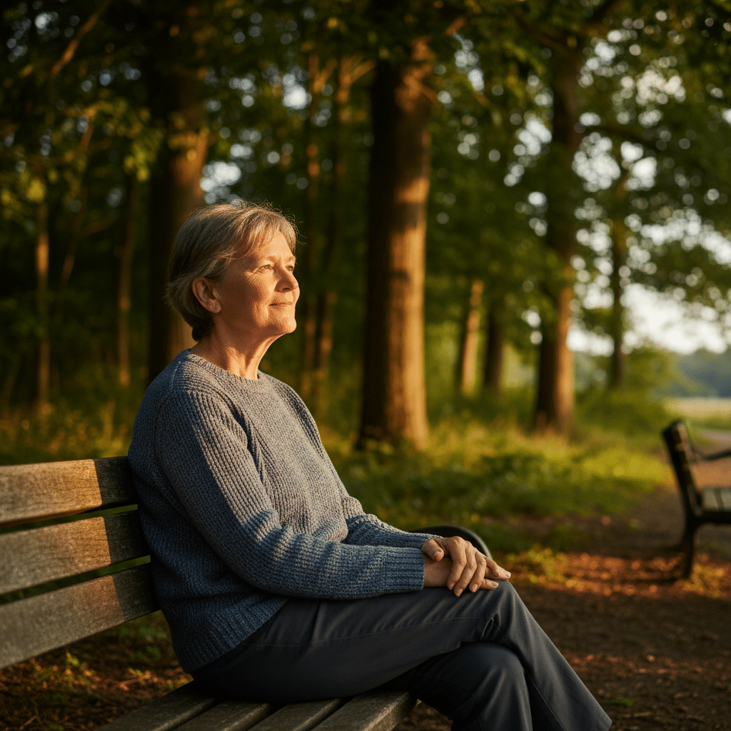 Neuanfang nach Trennung ab 60 – Person sitzt ruhig auf einer Parkbank und blickt optimistisch in die Zukunft"